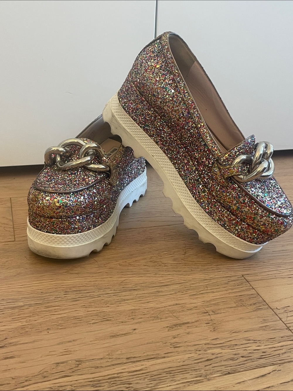 Miu Miu Multicolor Glitter Platform Loafers with Silver Chain